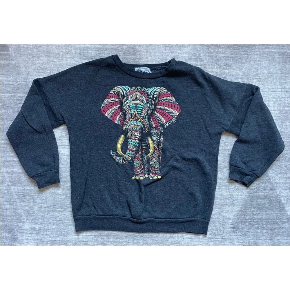 Riot Society Sweater Womens Size Small Dark Gray Aztec Big Elephant Print